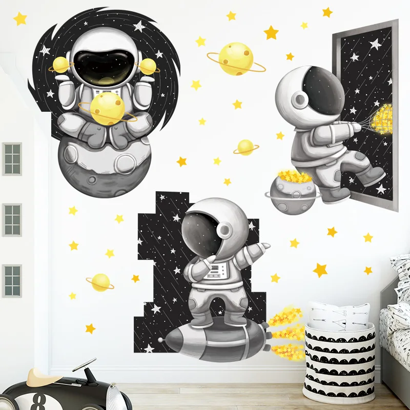 Space Astronaut Wall Stickers Children\'s Room Kindergarten Universe Starry Cartoon Cute Background Wall Wallpaper Self-Adhesive