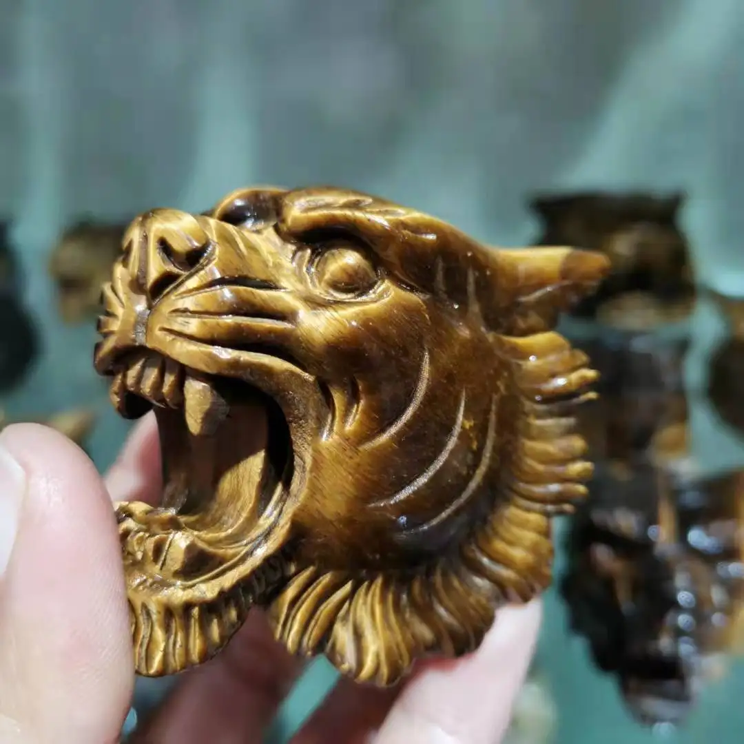 Natural Stone Carved Tiger Head statue Yellow Tiger eye stone Animal figurine desk decoration