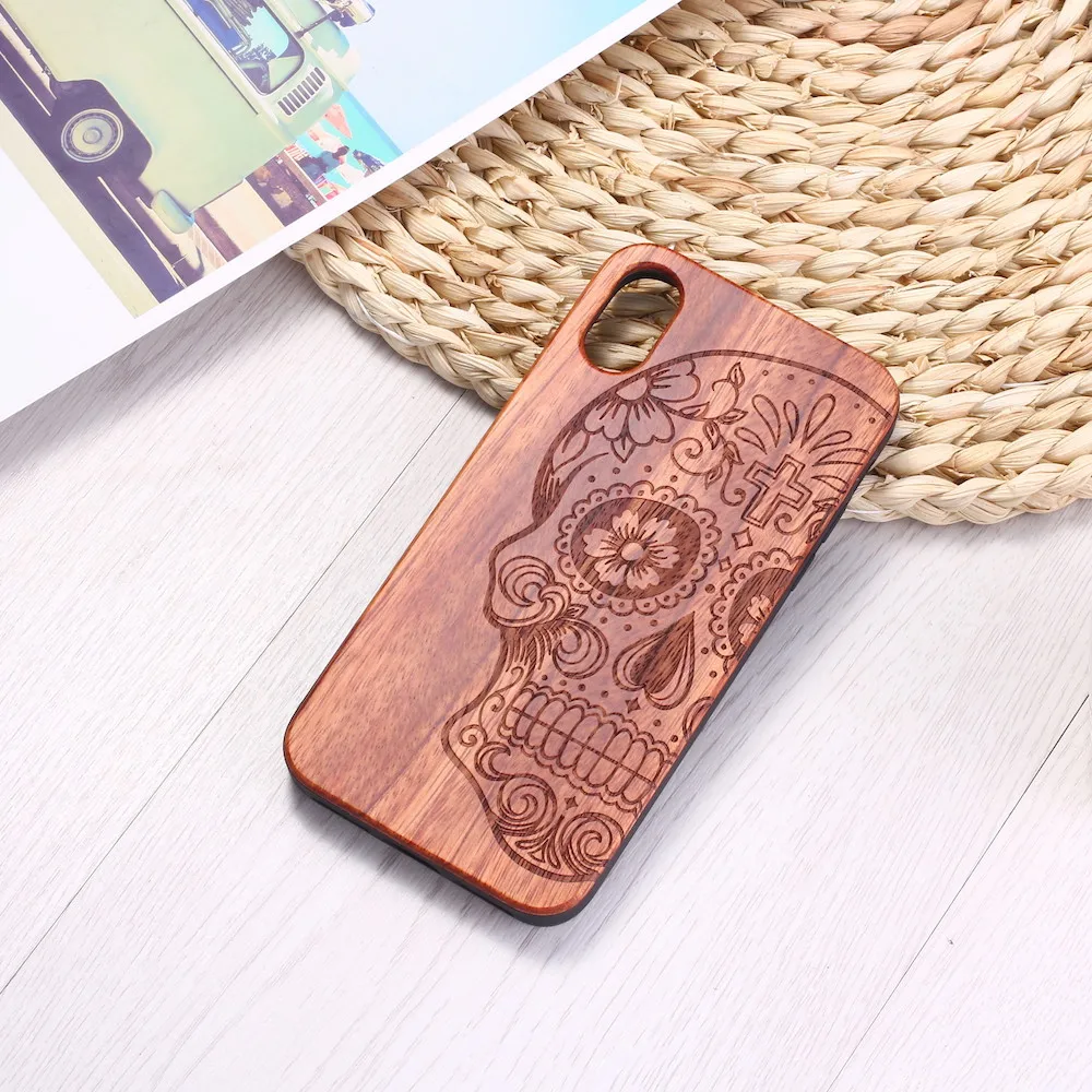 Vintage Floral Engraved Wood Phone Case Mexican skull  For iPhone15 14 14ProMax 14Plus 13Promax 13 12 11