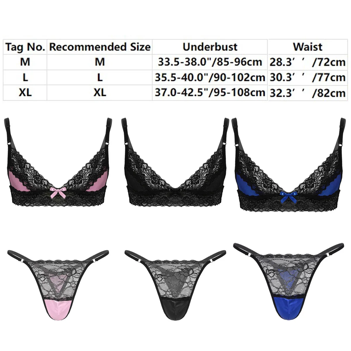 Men sissy Lace Lingerie Set Erotic Patchwork Bra Top with G-string Thong Sexy Nightwear Underwear Sets