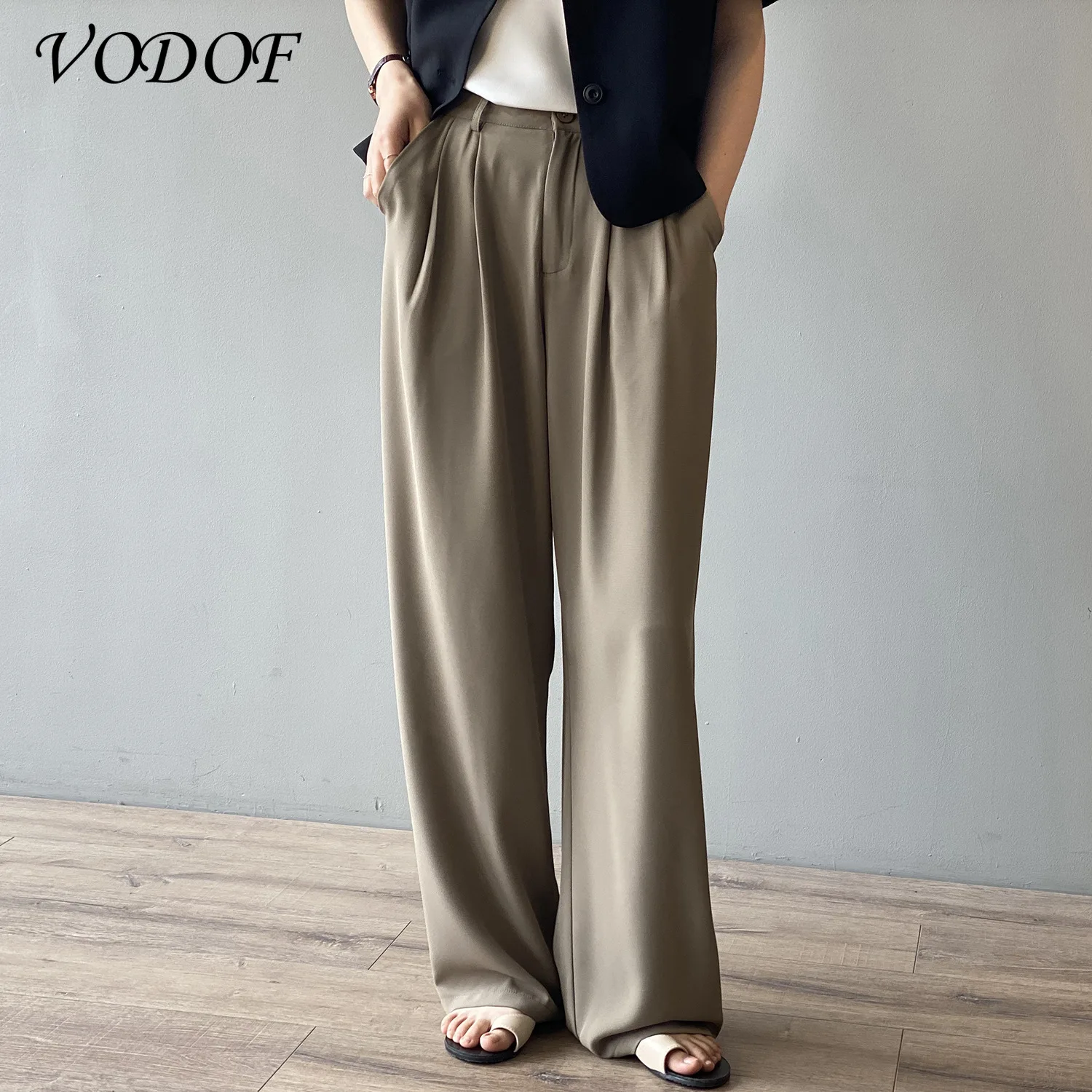 VODOF – pantalon droit Chic pour femmes, vêtement de bureau, Vintage, taille haute, fermeture éclair, mouche