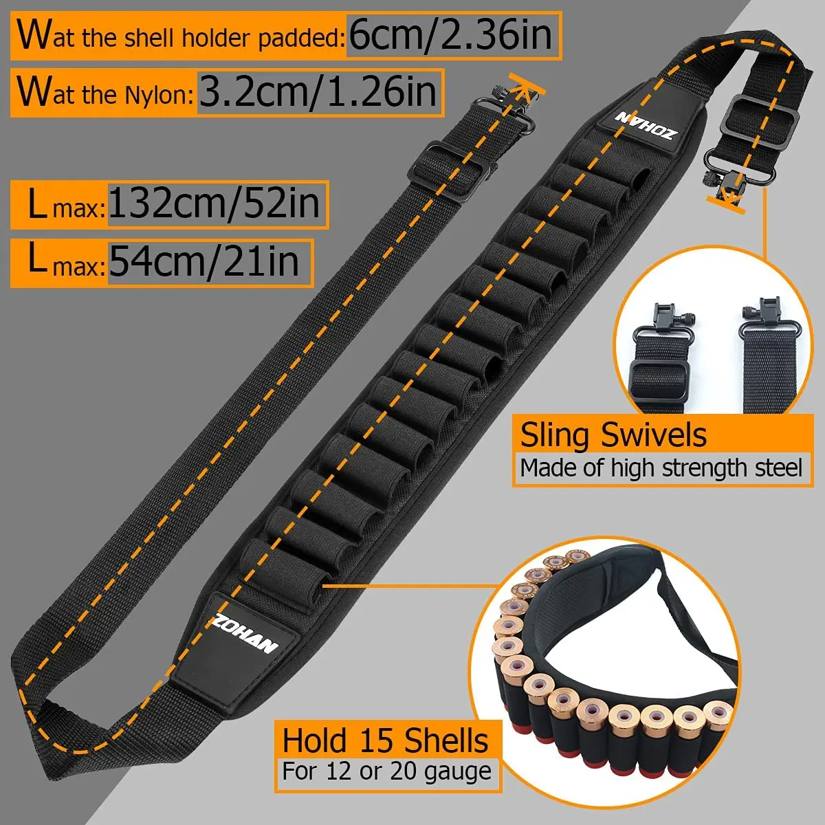 ZOHAN-Sling Shotgun Durável com Suporte de Concha para Calibre 15, Sling Rifle com Giros, Ombro Acolchoado Sling Gun, Segure 15 Rodadas