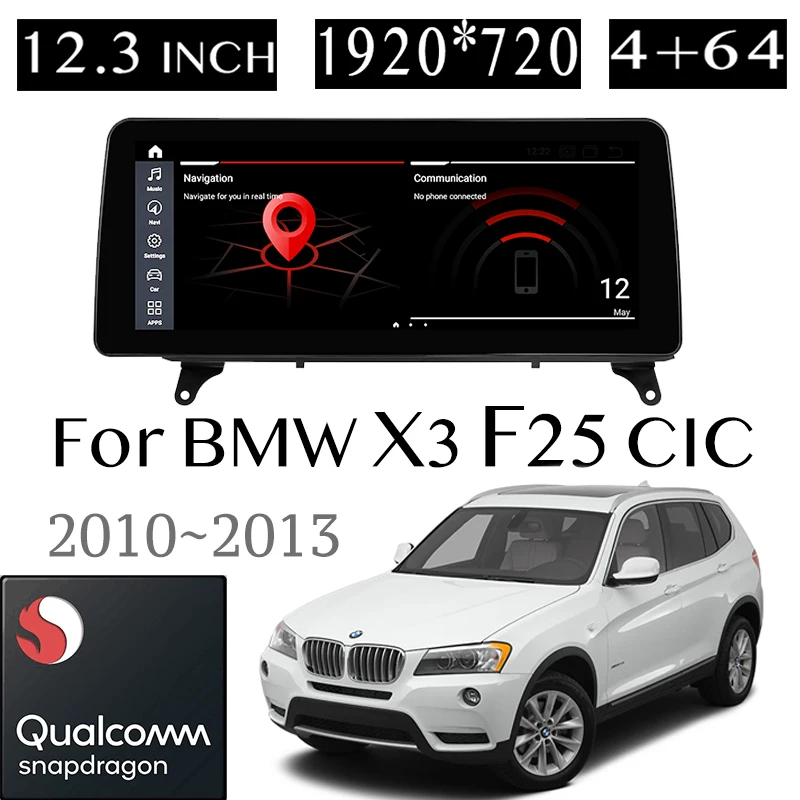 For BMW X3 F25 2010~2013 CIC Built-in CarPlay 12.3 Inch Screen Car Stereo Audio Multimedia 4G SIM Navigation GPS Navi Radio