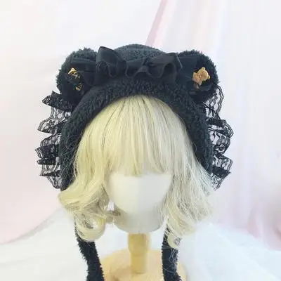 Lambswool Cute Bear Ears Plush Hat Lolita Lace Sweet Cute Pullover Bear Hat