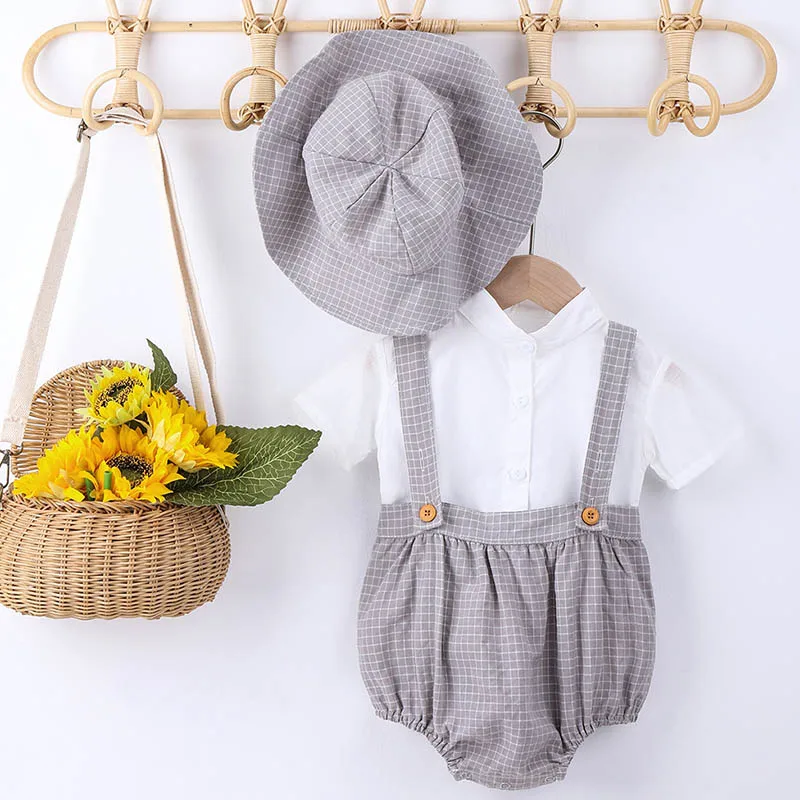 Korean Style Summer 0-24M Newborn Baby Boys Clothes Suit Short Sleeved Shirt+Jumpsuit+Hat Toddler Baby Boys Clothing Set