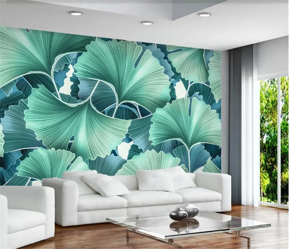 Bacal custom large 3D wallpaper mural Nordic small fresh rural hand-painted green ginkgo leaf living room background wall huda