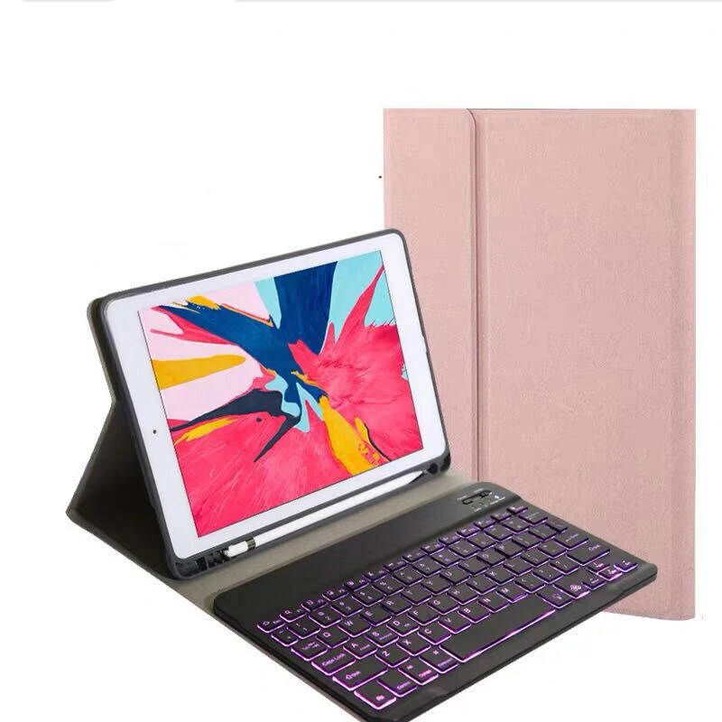 Folio Folding Fabric Cotton Leather Case with 7 Colors Backlit Removable Keyboard for iPad Pro 12.9 Gen 2 2017 2015 Tablet+Pen