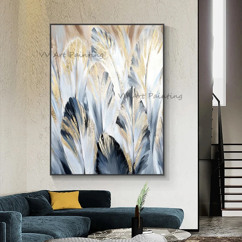 

Nordic Blue Flower Canvas Painting Abstract Handmade Feather Oil Painting Wall Art Modern Room Living Room Decoration Gift