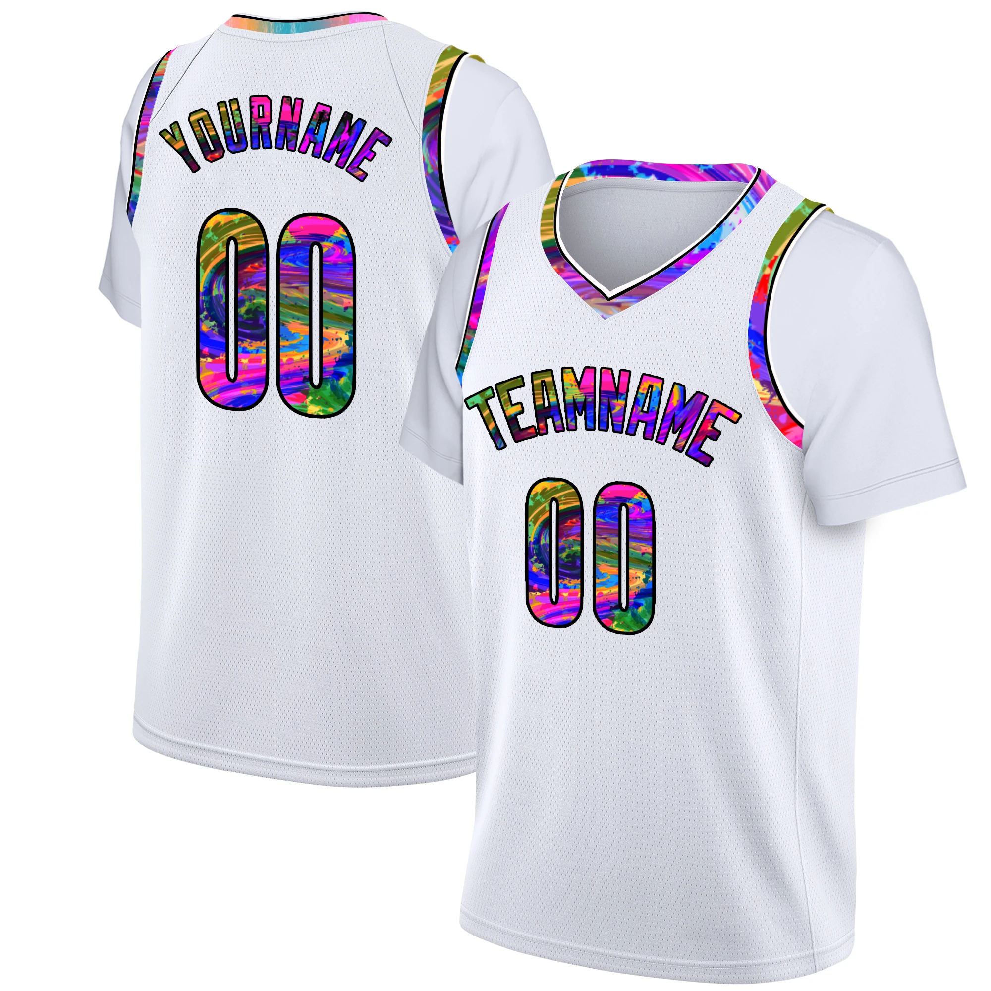 

Custom Short Sleeve Basketball Jersey Printing Team Name Number Fake Two-Piece Graffiti Warm-Up Basketball T-Shirt Men/Lady/Kids