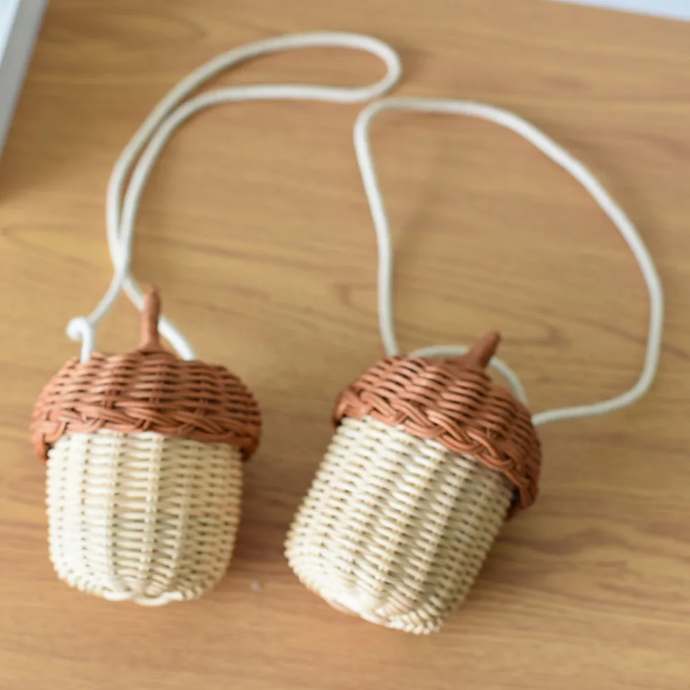 Acorn Shape Storage Basket Handwoven Round Rattan Bag Bucket Tropical Beach Style Woven Shoulder Bag Photo Props