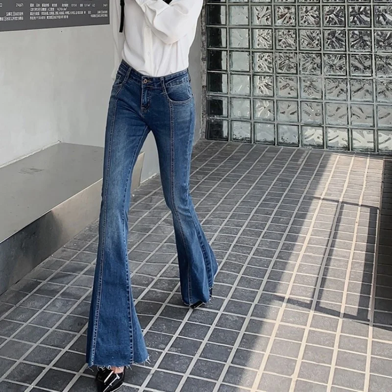 Style OL Flare Jeans Women Spring New High Waist Vintage Slim Bell-Bottom Pants Streetwear Split Zipper Denim Trousers Female