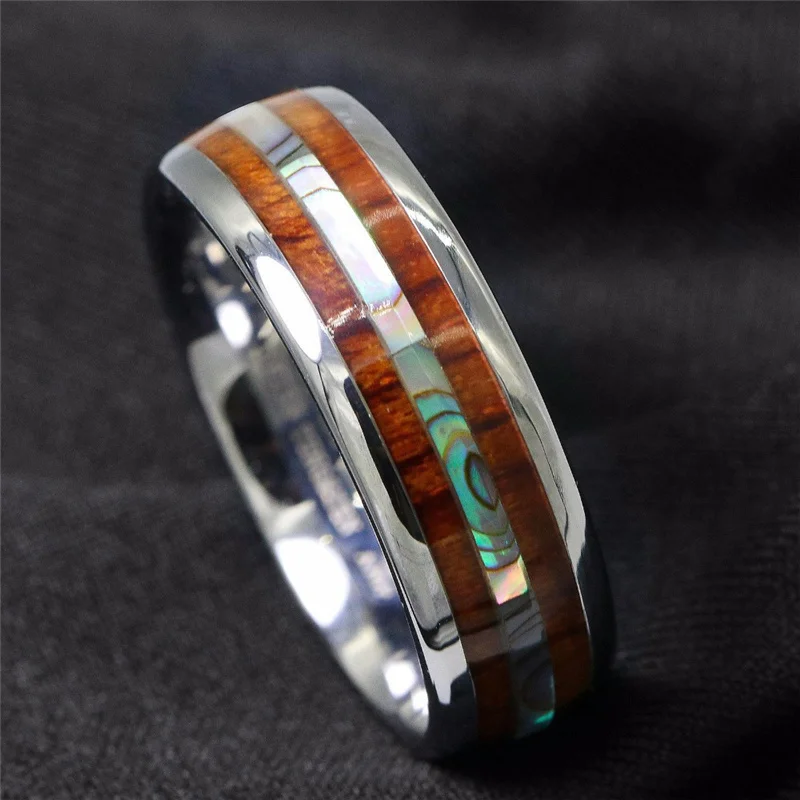 8MM Men Rings Abalone Shell Wood Inlay Tungsten Carbide Rings Men Women Wedding Ring Anniversary Jewelry