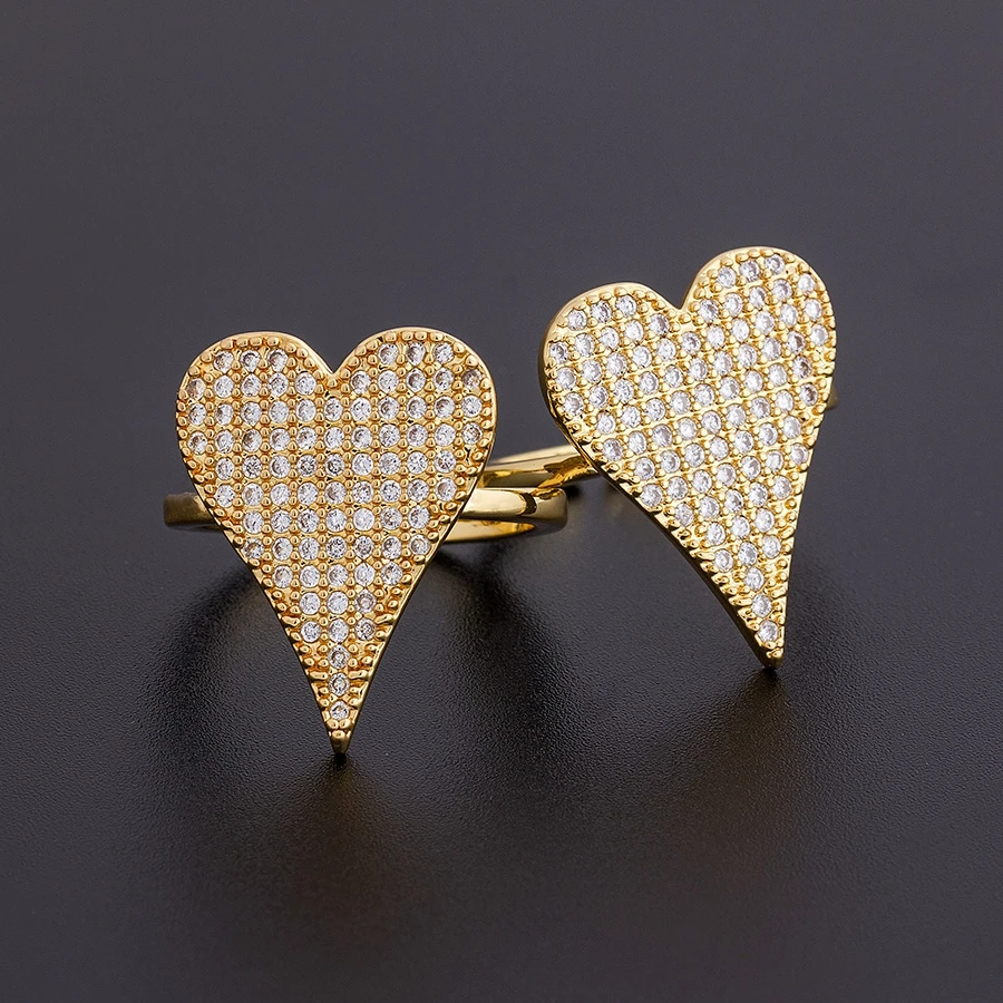 Nidin Dropshipping 6 Styles Love Heart Dangle Rings For Women Gold Color Copper Zircon Adjustable Wedding Party Ring Jewelry