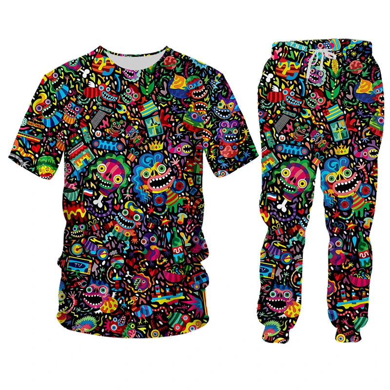 Sudadera con capucha Doodle Monster para hombre, traje con capucha, ropa deportiva de gran tamaño para correr, pantalones de manga larga, estampado