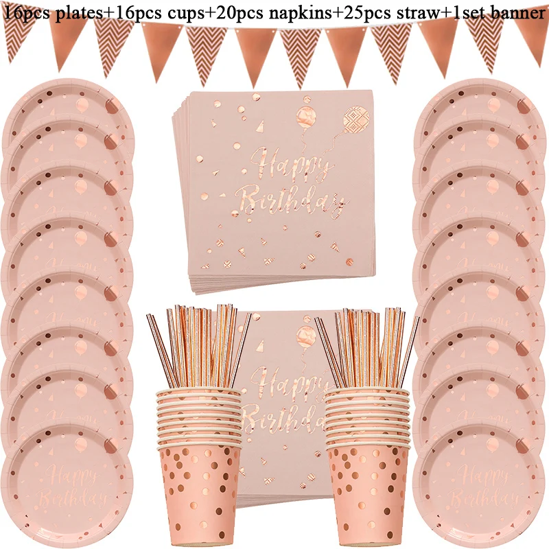 Rose Gold Birthday Decorations Disposable Tableware Set Paper Cup Adult Wedding Birthday Party Decorations Kids Babyshower Girl