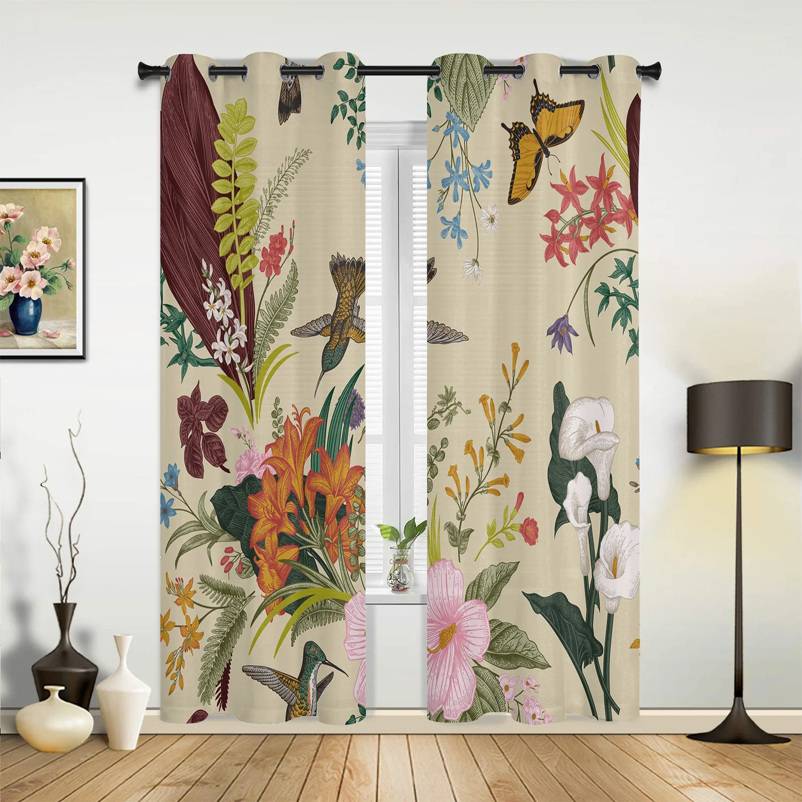 Patio Curtain Flowers Bird Butterfly Retro Indoor Living Room Bedroom Kitchen Outdoor Drape for Porch Gazebo Pergola Canopy