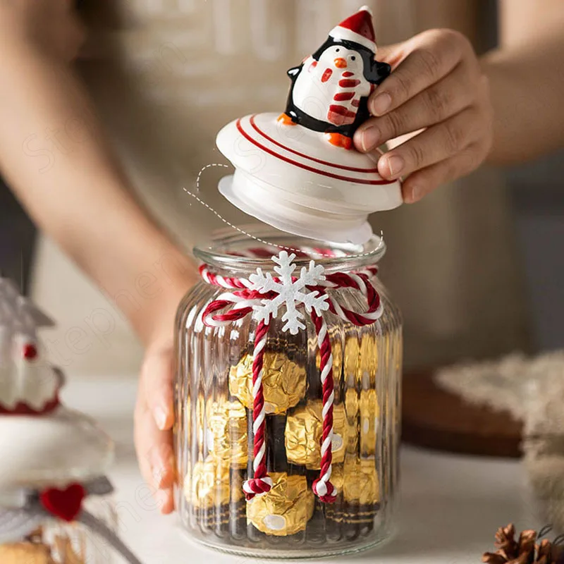 Christmas Glass Bottle European Modern Santa Claus Decorative Grain Dispenser Candy Snack Storage Jar with Lid Kitchen Organizer