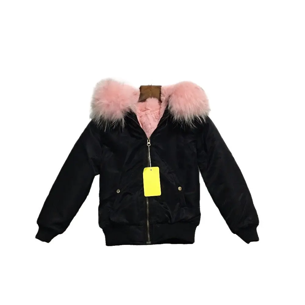 

New Design Black bomber Windproof Short Length Jacket With Pink Elegant Fur Collar Girls Children Wear Winter Clothes