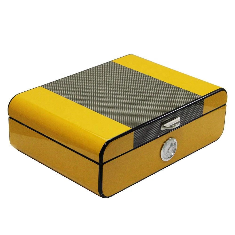 Handcrafted Yellow Carbon Fiber Cohiba Cedar Humidor with Front Hygrometer Cigar Box Fit For About 30 CTS