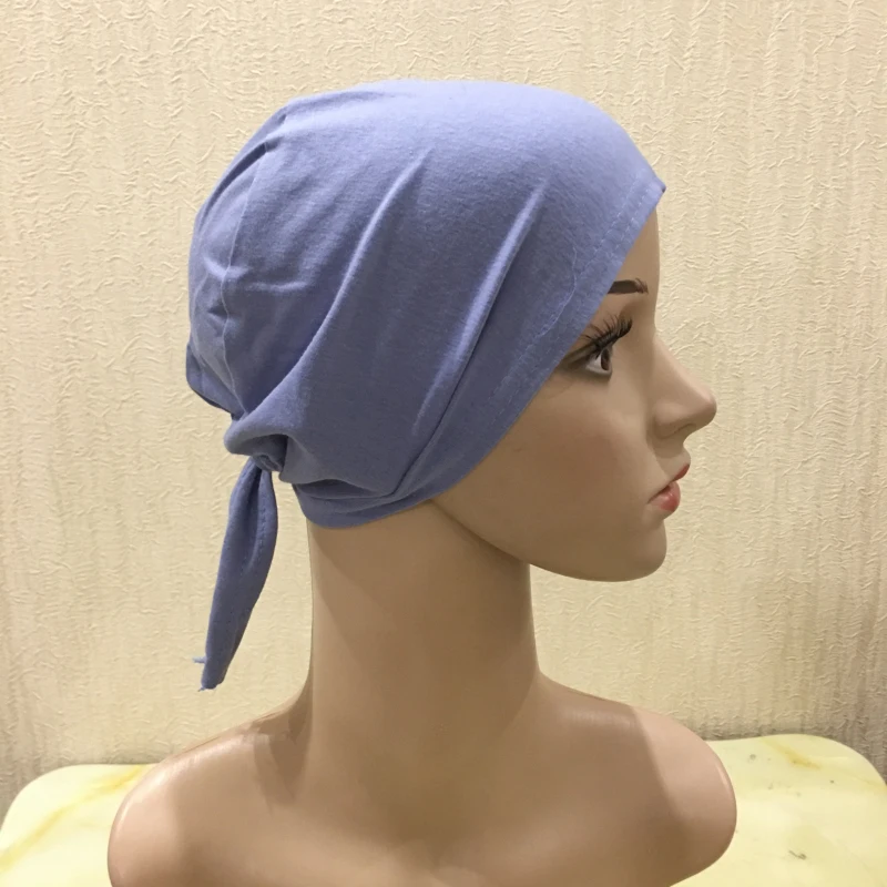H048 Plain Cotton Tie Back Hats Muslim Turban Pure Color Stretch Inner Hijabs Underscarf Women Head Scarf Under Hijab Bonnet
