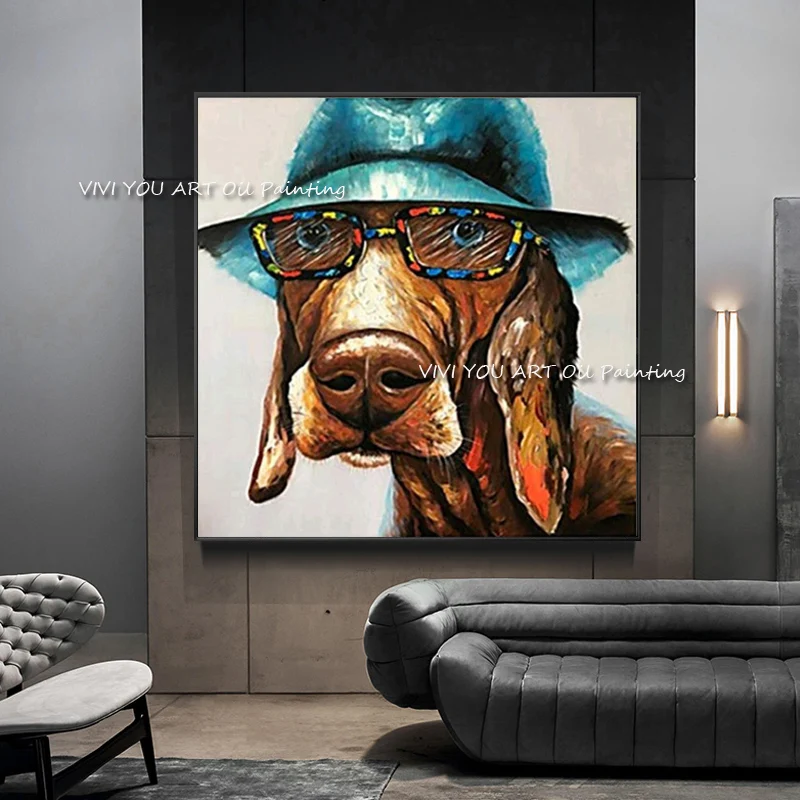 100% Handmade Oil Painting Wall painting pug dogs with blue hat Home Decorative Art Picture For Living Room paintng No Frame