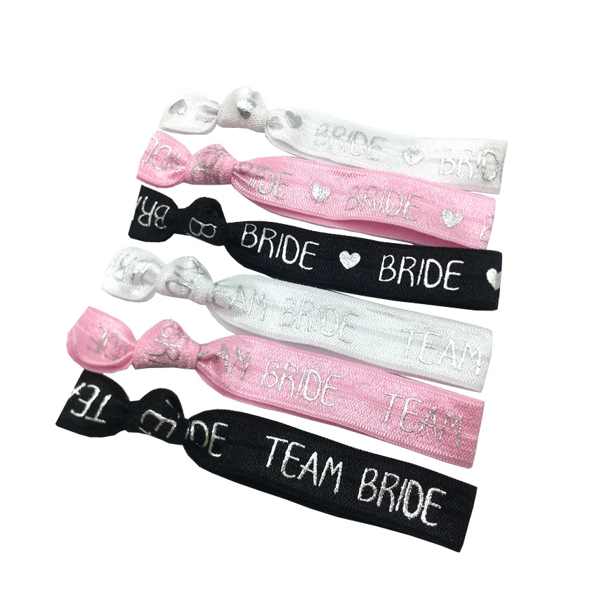 

200pcs Silver Team Bride Printed Elastic Hair Band Pink Black White Bride Wedding Hair Tie Bracelet Wristband Ponytail Holder