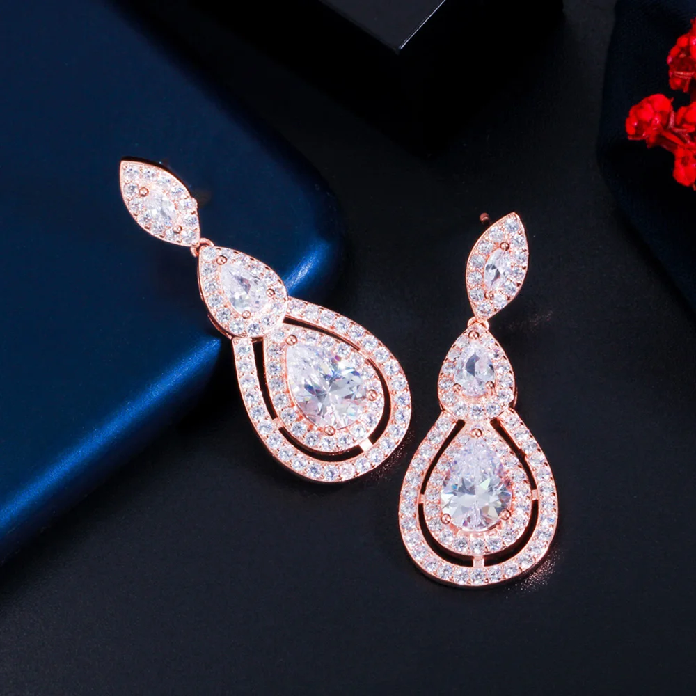 Pera Rose Gold Colour CZ Stone Dangle Big Water Drop Long Crystal Bridal Earrings for Brides Wedding Party Jewelry Brinco E740