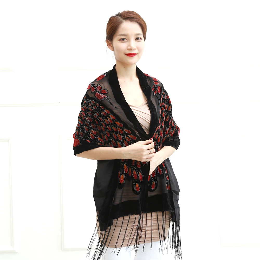 Autumn Winter Shawl Scarf Double Peacock Burnout Velvet Silk Poncho Scarfs Luxury Pashmina Tassel Cloak Female