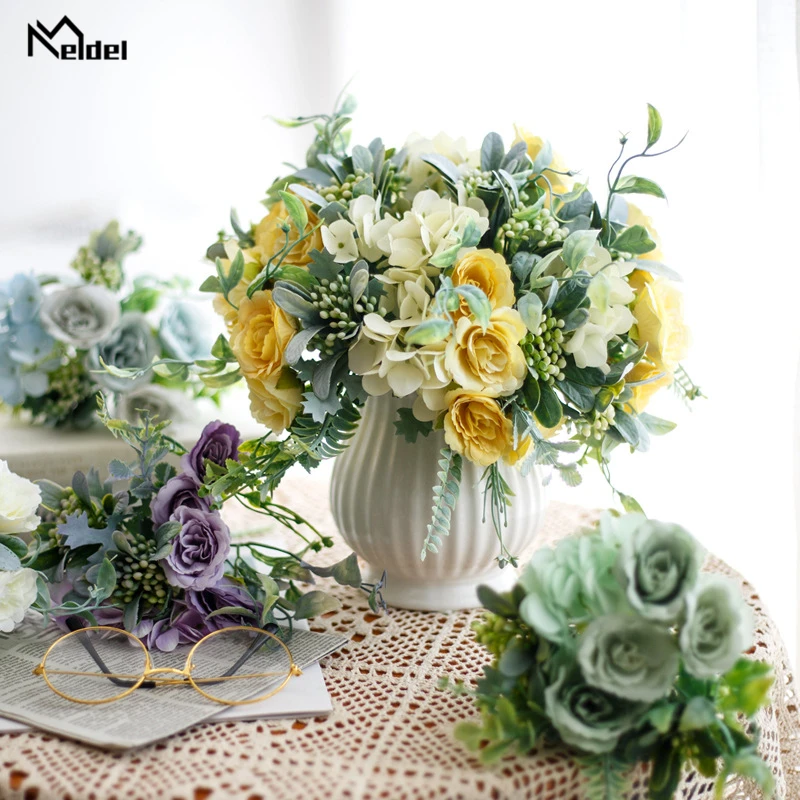 Meldel-Mini ramo de flores artificiales, Hortensia falsa, arreglo de flores púrpura, fiesta en casa, decoración de mesa de boda