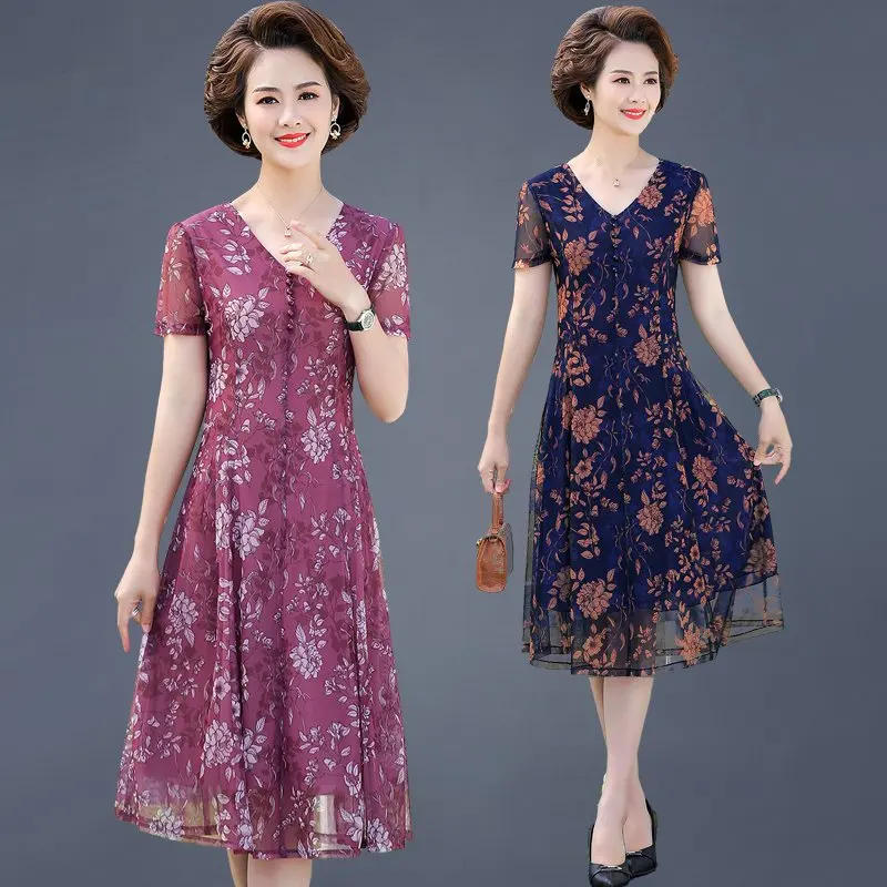 Middle-aged and elderly dress women summer 40-year-old Flower printed  dress casual mid-length dress mid-length Mesh Vestidos