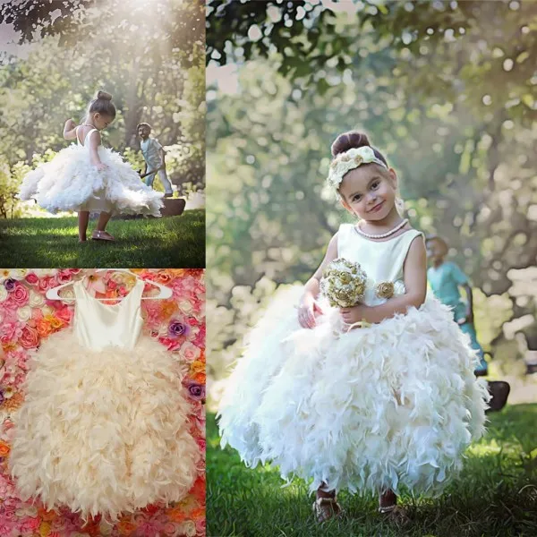 

Jewel Neck Tiers Flower Girl Dresses Satin with Ruffle Tulle & Furs Sleeveless Girls Birthday Gift Party Girls Pageant Gown