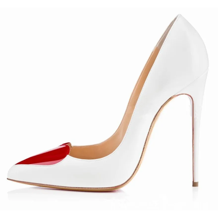 Zapatos de tacón alto en forma de corazón rojo para mujer, calzado de vestir de charol poco profundo, Sexy, negro y blanco, otoño