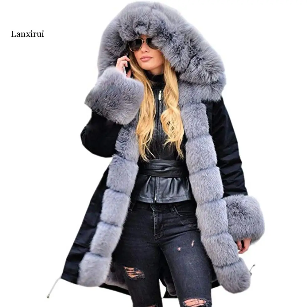 Women Coats Faux Fur Collar Pockets Belt Long Fishtail Overcoat Thicker Warm Parkas Jacket Winter Fashion Hooded Coat