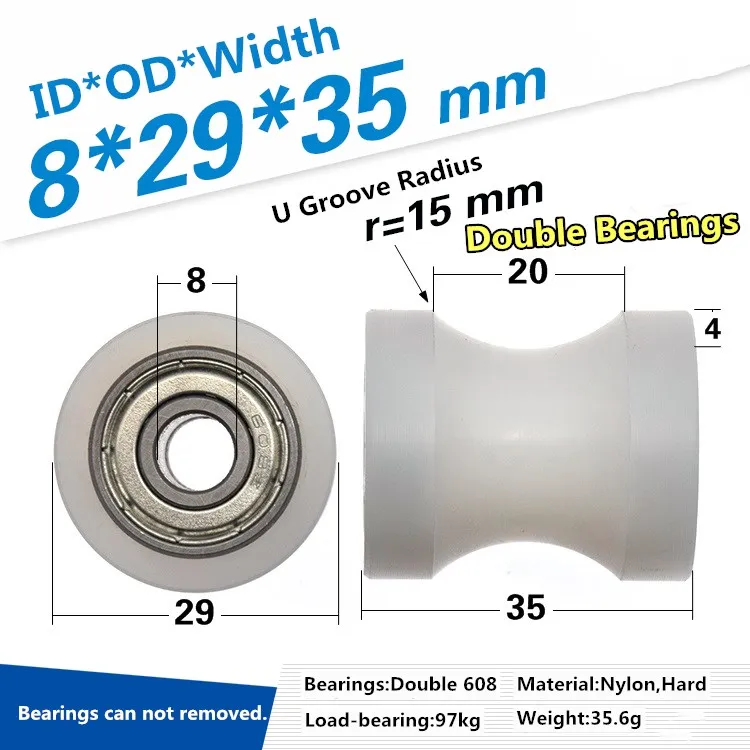 Rolamento revestido Polia Rolling Wheel, CNC Nylon Usinagem, U Slot, côncavo Roda Guia, 6, 8x29x35mm, 608z, 1Pc