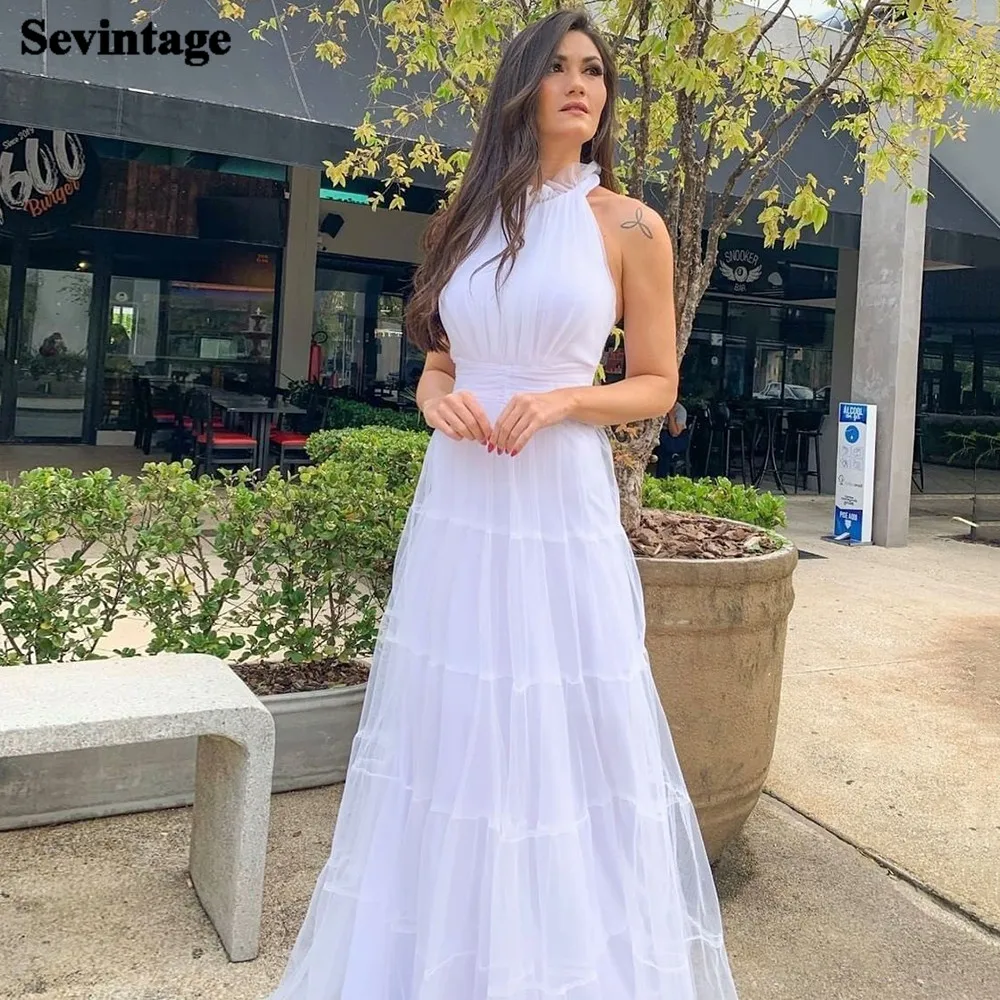 

Sevintage New Design White Tulle Prom Party Dresses Halter Tiered Skirt Long Formal Evening Gowns Women Special Occasion Dress