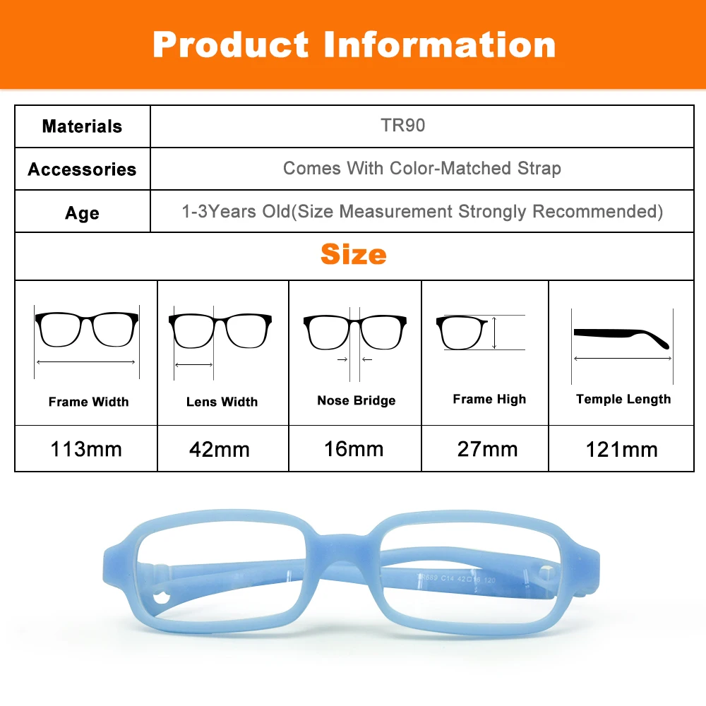 Baby Girl's Boy's Glasses Size 42mm with Cord No Screw, One-piece Flexible Toddler, Bendable Children Glasses Frame