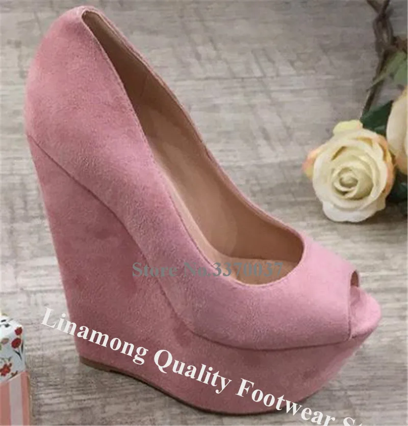 Linamong Western Fashion Peep Toe High Platform Wedge Pumps Pink Black Slip-on Suede Leather Wedges Height Increased Heels