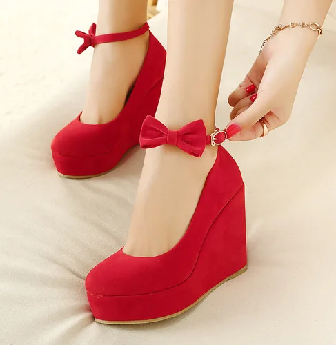 Dwayne Women High Heels Shoes Plus Size Platform Wedges Female Pumps Elegant Flock Buckle Bowtie Ankle Strap Party Wedding Shoes