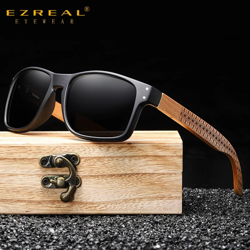 EZREAL Brand Design Beech wood Handmade Sunglasses Men Polarized Eyewear Outdoor Driving  Reinforced Hinge paper box packaging