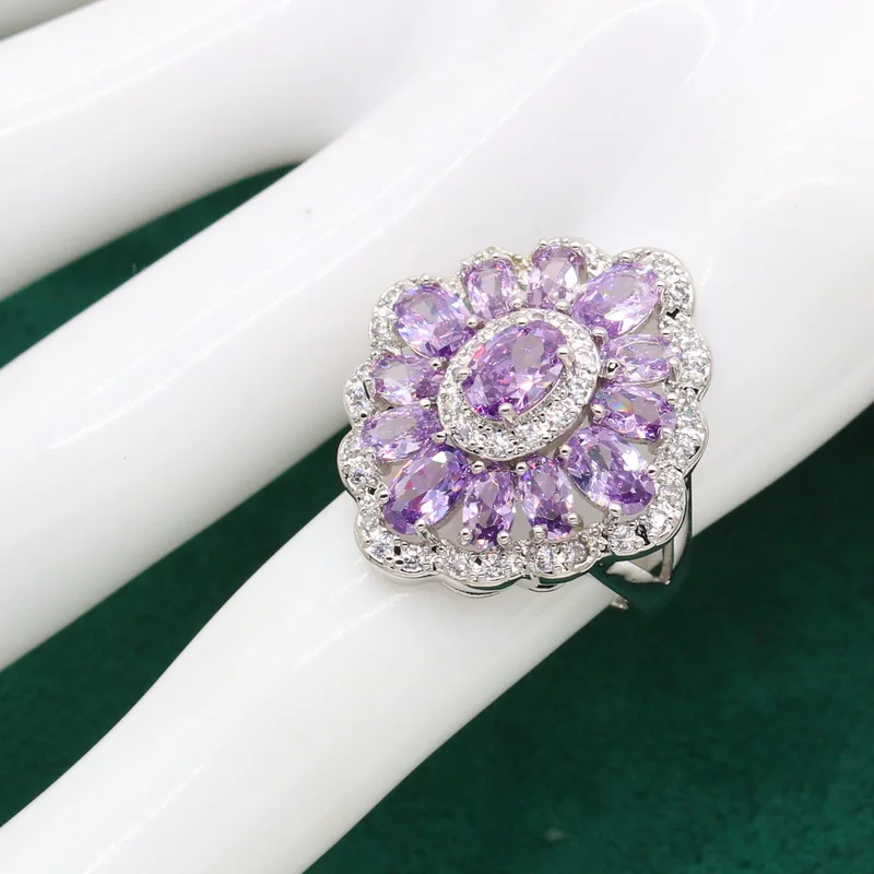 Bride Purple Zircon Silver Color Jewelry Set for Women Wedding Bracelet Earrings Necklace Pendant Ring Birthday  Gift