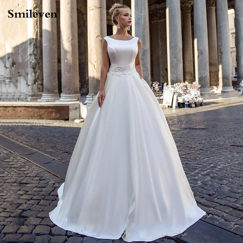 Smileven Einfach Und Sauber Hochzeit Kleider Satin EINE Linie Elfenbein Spitze Braut Kleider Sleeveless Lae Up Zurück Hochzeit Kleider