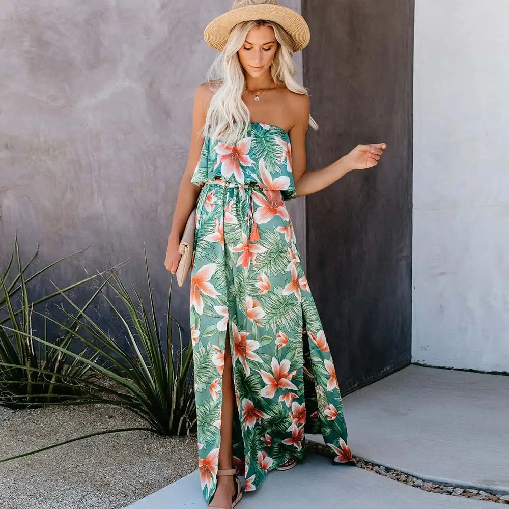 WildPinky 2023 Tropical Rainforest Printed Dress For Women Off Shoulder Split Sleeveless Summer Hoilday Beach Casual Sundress