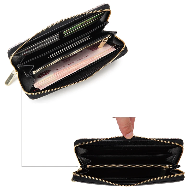 Luxury Color Diamond Genuine Leather Women Long Zipper Coin Purses Black Design Clutch Wallet Female Money Credit Card Holder