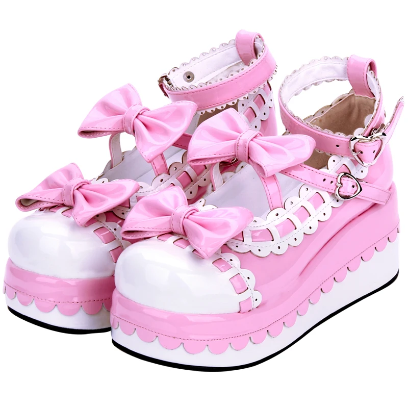 Princess Platform Female Lolita Women\'s Shoes Lace Bow Dress Shoes Anime Kawaii Platform Pink GOTH Retro Lolita Wedge Shoes