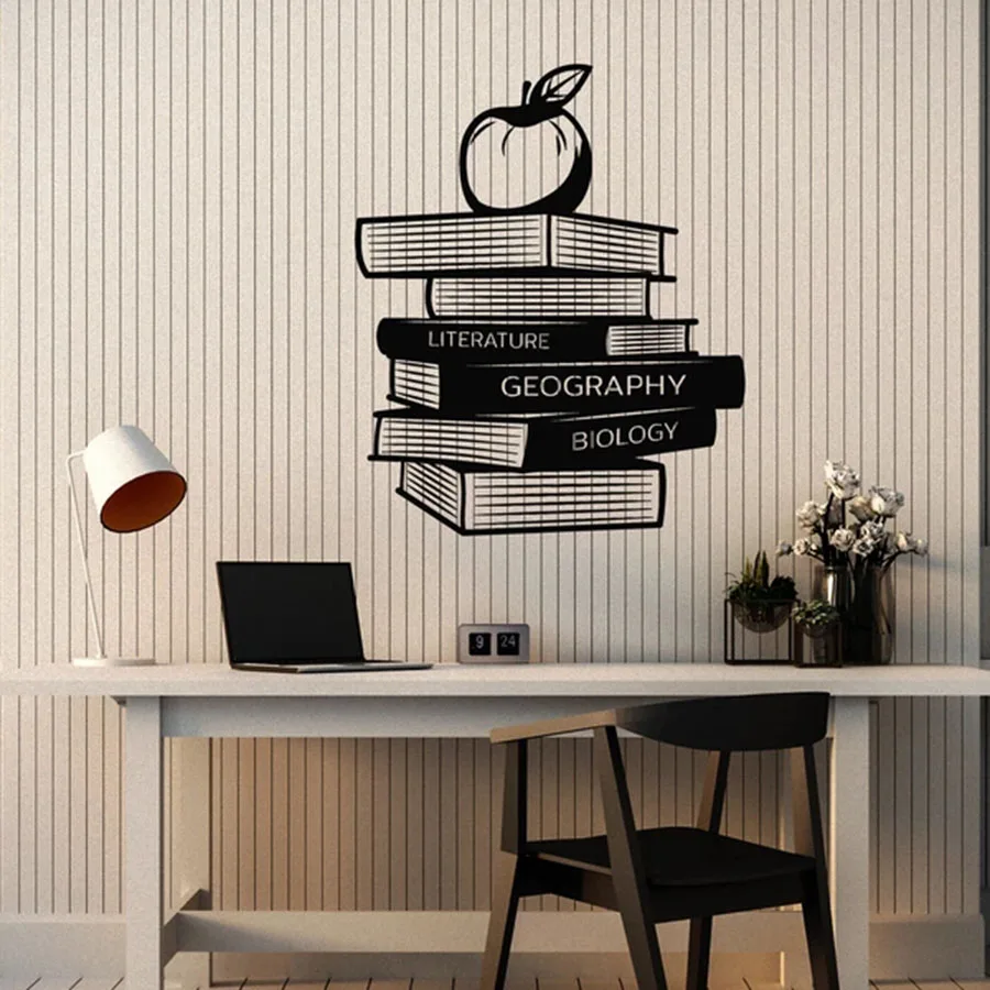 Reading Wall Decal Library Geography Literature Biology Books Apple Vinyl Window Stickers Library Interior Decor Art Mural M631