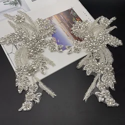 2PCS/Set Handmade Silver French Bead Applique For Wedding Sew-On Crystal Bodice Patch Heavy Bead Applique For Couture