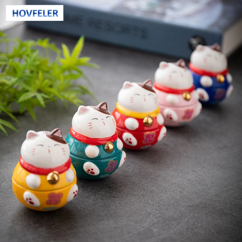 

HOVFELER Ceramic Lucky Cat Ornaments Tumbler Crafts Charm Fortune Landscape Home Decor Miniature Accessories Gifts