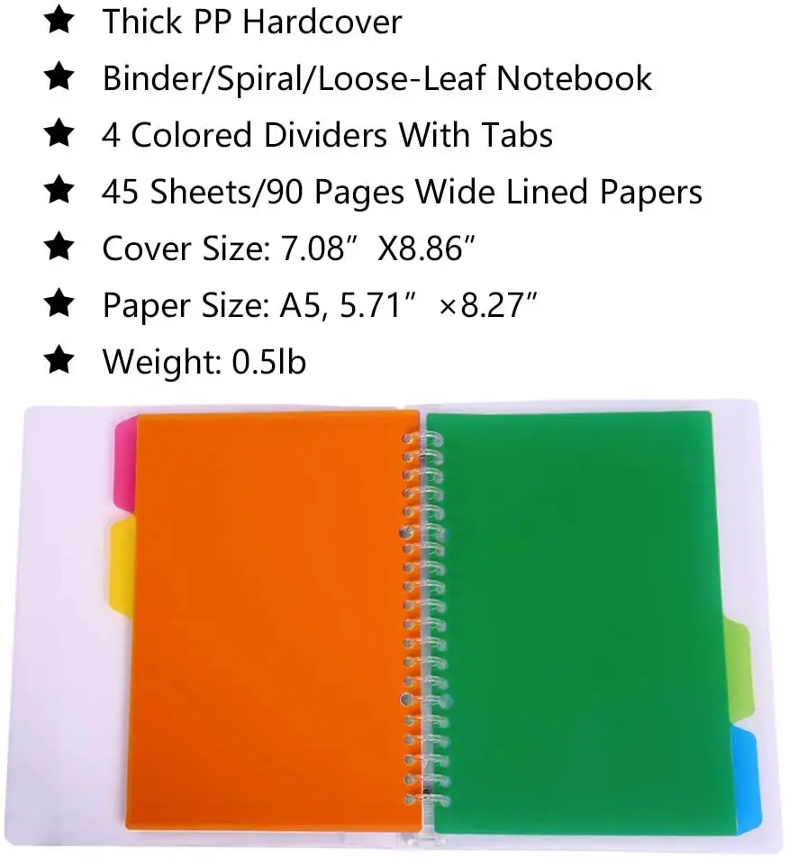 A5 Binder Portfolio Notebook with 20 Rings/Holes, 5 Subject Spiral Paper Notebook Colored PP dividers with tabs for Labels