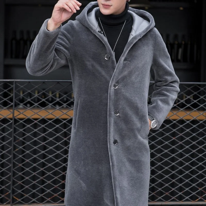 

Shearling Luxury Men Overcoat Business Casual Slim Real Fur Sheep Shearing Hooded Long Coat Brand Winter Blazer Coat Plus Size