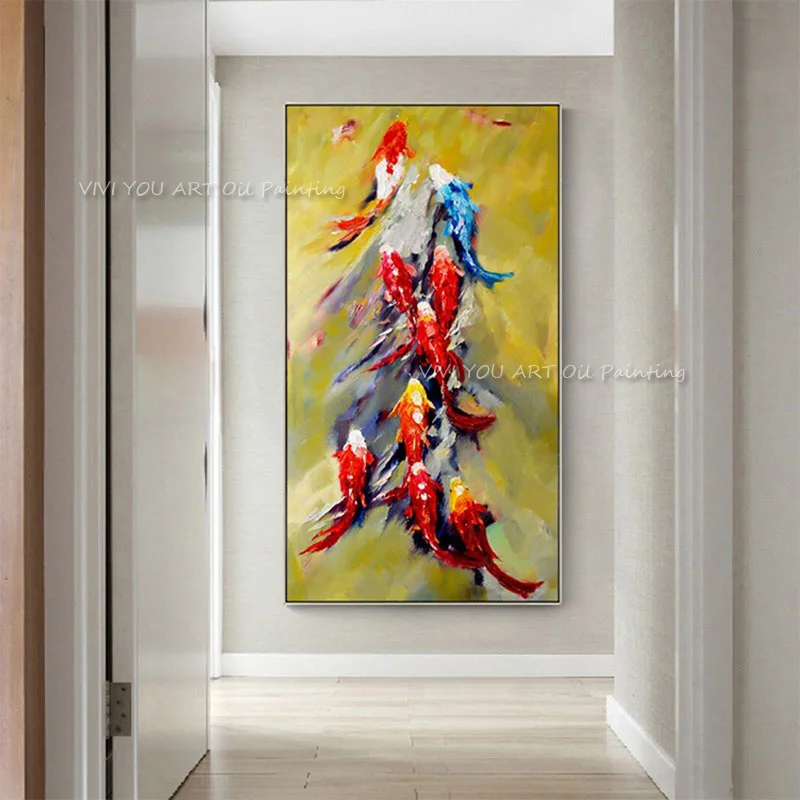 

Картина для декора стен, 100% ручная работа, абстрактный пейзаж с девятью карпами кои, масляная живопись на холсте, картина для гостиной, современный декор